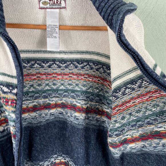 Tiara International Women's Large Full Zip Cardigan Sweater Fair Isle Blue - Picture 5 of 9